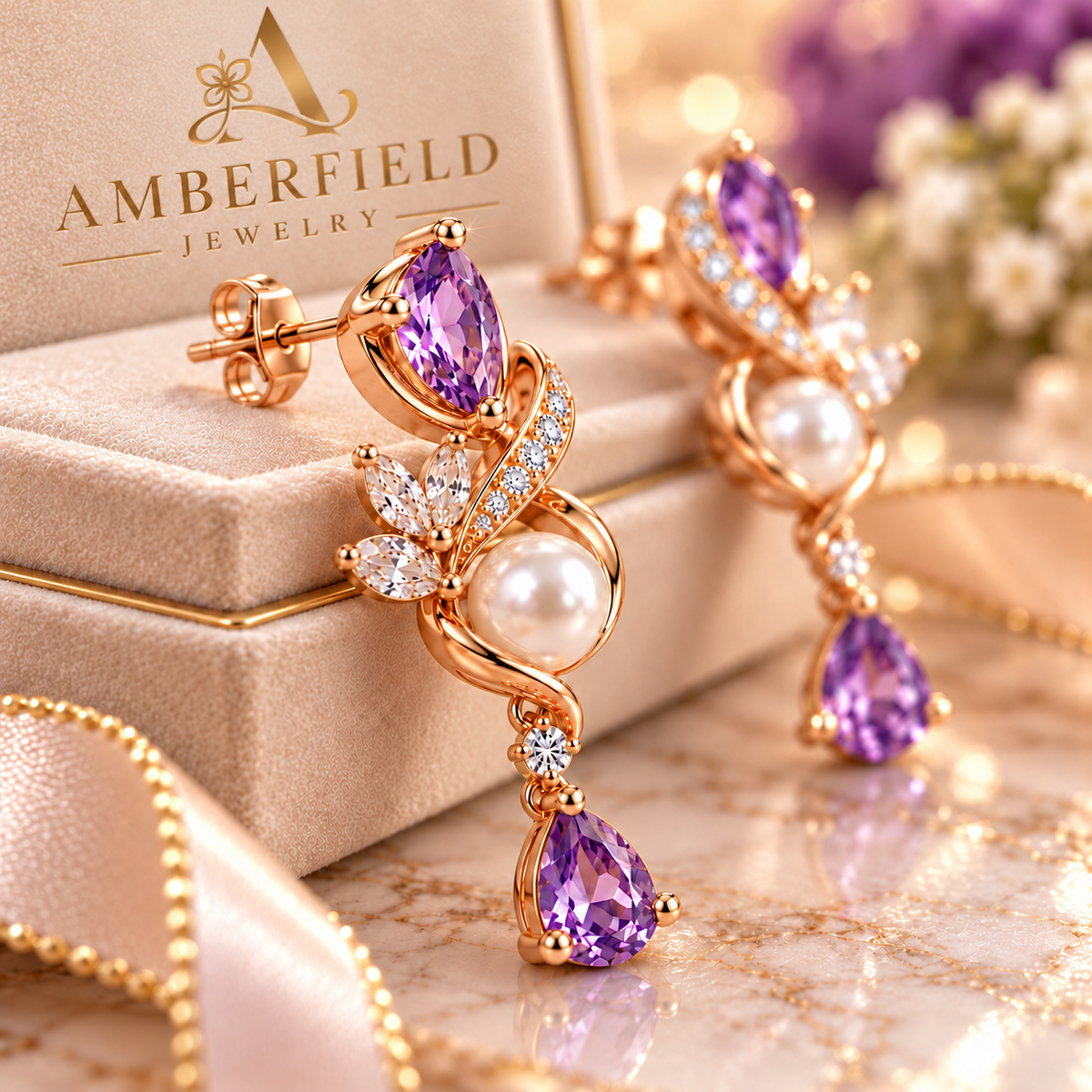 Amethyst Romance Pearl Drop Earrings