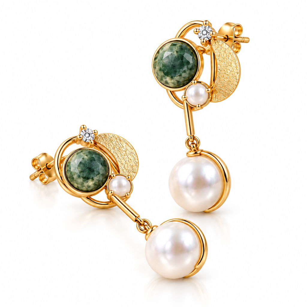 Emerald Moon Pearl Drop Earrings